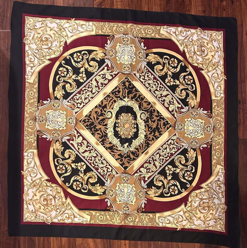 Vintage Baroque Print Square Silky Scarf Black Burgundy Gold, 35”